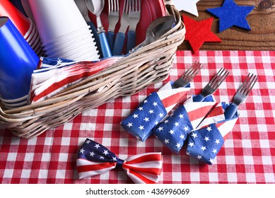 High Angle View Of A Patriotic Picnic Table Set For A 4th Of July Celebration. Horizontal Format.