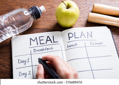 High Angle View Of A Person Hand Filling Meal Plan In Notebook At Wooden Desk - Shutterstock ID 576689476