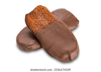 High angle view pile of homemade chocolate dipped solar dried ripe flat banana isolated on white background with clipping path. - Shutterstock ID 2336174109