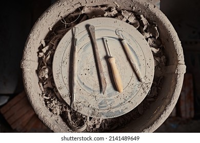 High Angle View Of  Pottery Tools on wheel  - Powered by Shutterstock