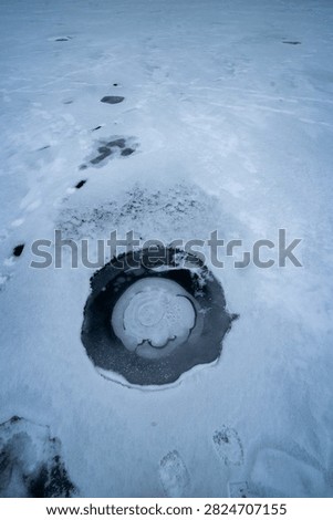 High angle view of rare circular ice formations and trapped methane bubbles frozen inside dark blue pond ice in winter. Concentric circular ice rings and frozen air bubbles forming an abstract figure eight pattern on dark lake ice framed by white snow