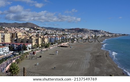 High angle view of Rincon de la Victoria Mediterranean beach and seaside town in the province of Malaga, Spain.