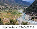 High angle view of river and fields in upper dir, kpk, Pakistan