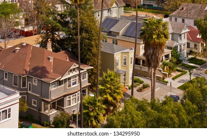 A High Angle View Of A Row Of Victorian Style Houses In San Jose, California.