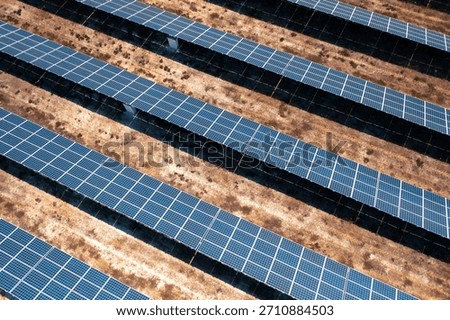 High angle view of rows of solar panels in countryside fields on sunny day, harnessing clean energy and reflecting sustainable agricultural practices in serene, open landscape