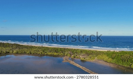 High angle view of a sandy beach, lush greenery, and calm blue water.