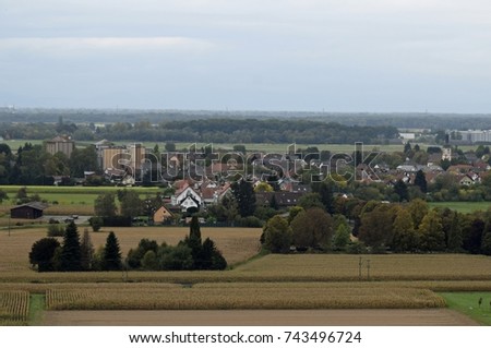 high angle view from the Schutterlindenberg hill towards the village of Hugsweier Lahr, Ortenau Baden Germany 