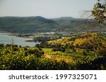 High angle view of Sea of Galilee and Beatitudes fields