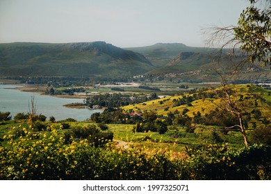 High angle view of Sea of Galilee and Beatitudes fields