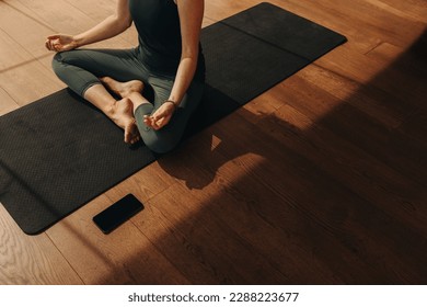 High angle view of a senior woman meditating and practicing hatha yoga. Unrecognizable woman doing a breathing exercise while sitting in easy pose. Woman following a healthy fitness routine at home. - Powered by Shutterstock