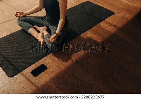 High angle view of a senior woman meditating and practicing hatha yoga. Unrecognizable woman doing a breathing exercise while sitting in easy pose. Woman following a healthy fitness routine at home.