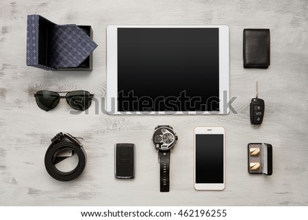 High angle view of a set of modern businessmen accessories