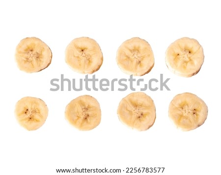 High angle view. Set of ripe bananas cut into slices and peel, on white background, isolated and clipping path.