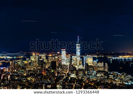 High angle view of the skyline of Manhattan at night.