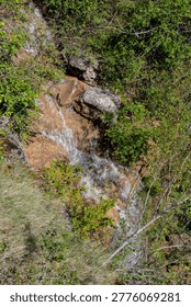 High angle view of a small stream flowing through rocks and lush green vegetation