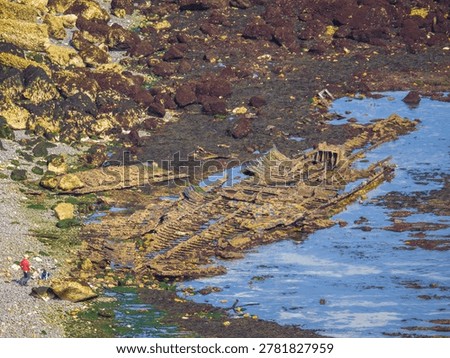 High angle view of SS Falcon shipwreck remains exposed at low tide on Langdon Beach (Dover, England, United Kingdom)