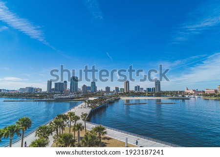 High angle view of St. Petersburg, Florida looking west from pier against blue sky.