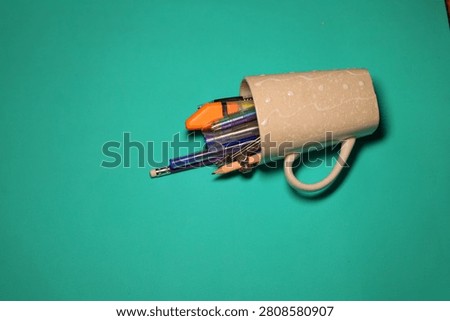 High angle view of stationery and back to school office supplies. Creative space.