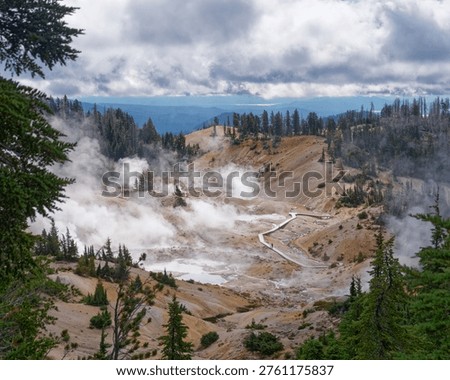 High angle view of the steaming Bumpass Hell geothermal basin, Lassen Volcanic National Park, California, USA