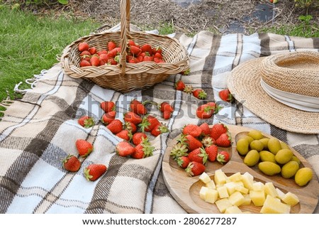 High angle view of a summer picnic layout on a plaid blanket with a wicker basket, scattered strawberries, a straw hat, and a wooden snacks platter.