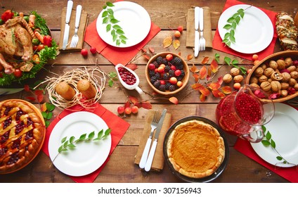 High angle view of table served for thanksgiving dinner with family