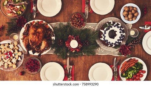 High Angle View Of Table Served For Christmas Family Dinner