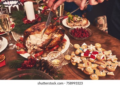 High Angle View Of Table Served For Christmas Family Dinner