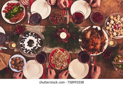 High Angle View Of Table Served For Christmas Family Dinner