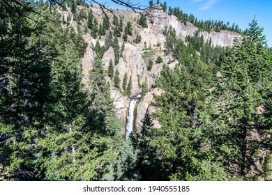 High angle view of tower fall waterfalls in yellowstone 