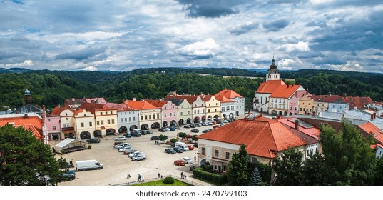 A high angle view of the town square of Nove Mesto nad Metuji, Bohemia, Czech Republic.