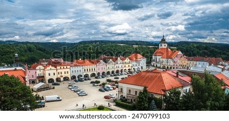 A high angle view of the town square of Nove Mesto nad Metuji, Bohemia, Czech Republic.