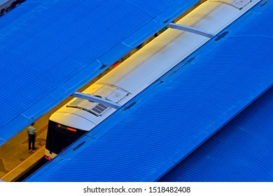 High angle view of train moving on railroad track.                              