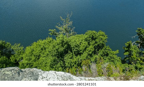 High angle view of trees and lake from rocky cliff