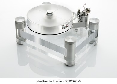 High angle view of turntable on white background