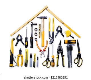 High Angle View Of Various Worktools On White Background