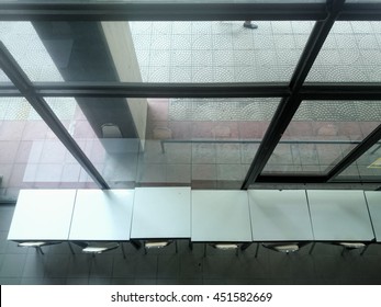 high angle view of white tables in the building 