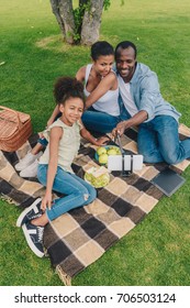 High Angle View Of Young African American Family Taking Selfie While Resting Together During Picnic In Park