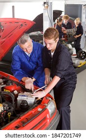 A High Angle View Of A Young Student Learning To Repair A Car From His Trainer Standing Next To Him In A Vocational School Of Automotive Trade