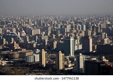 High Angle Wide Shot Of Beijings City Scape With A Smoggy Sky