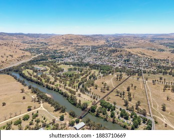 High Angle XXL Aerial Drone View Of The Country Town Of Gundagai In New South Wales, Australia, Along The Murrumbidgee River And Hume Highway, One Of Australia's Major Inter-city National Highways.