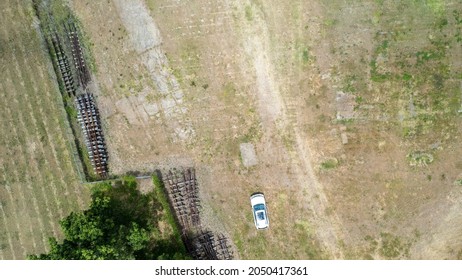 High Aspect Top Down View Of A White Car With Sunroof Parked Beside Old Discarded Railway Tracks With Trees Beyond The Fence