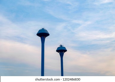 High blue tower and background blue sky.