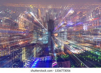 High building and reflections of lighting city  with Zoom Exposed Technic - Shutterstock ID 1336773056