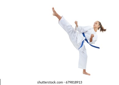 A high circular kick is struck by an athlete with a blue belt - Powered by Shutterstock