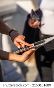 High Class Business People Are Looking At The New Plan On The Tablet, Close Up