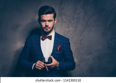 High Class Work Job People Person Concept. Close Up Photo Portrait Of Handsome Serious Elegant Strict In White Shirt Burgundy Accessories Man Holding Brandy In Hand Isolated On Gray Background