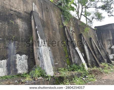 High concrete retaining wall structure with large supportive buttresses, covered in green moss.