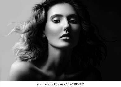 High Contrast Black And White Portrait Of A Beautiful Young Girl, Elagance And Fashion