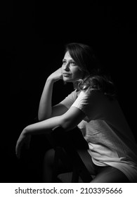 High Contrast Black And White Portrait Of A Beautiful Girl.