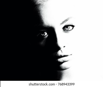 High Contrast Black And White Portrait Of A Beautiful Girl.